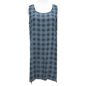 Eileen Fisher Blue 100% Silk Buffalo Check Plaid Tunic Tank Top Size Small